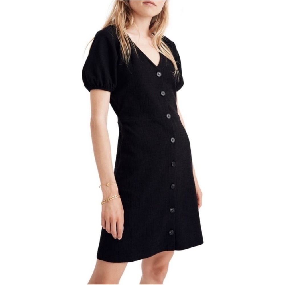 Madewell Texture & Thread Puff Sleeve Dress V-Neck Solid Black Stretch Medium